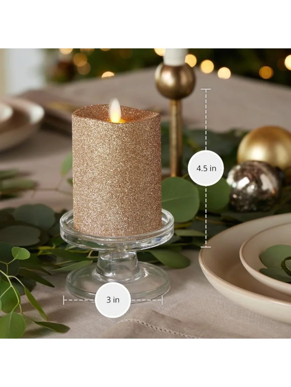 Realistic LED Moving Flame Pillar Candle - Gold Glitter, Battery Operated